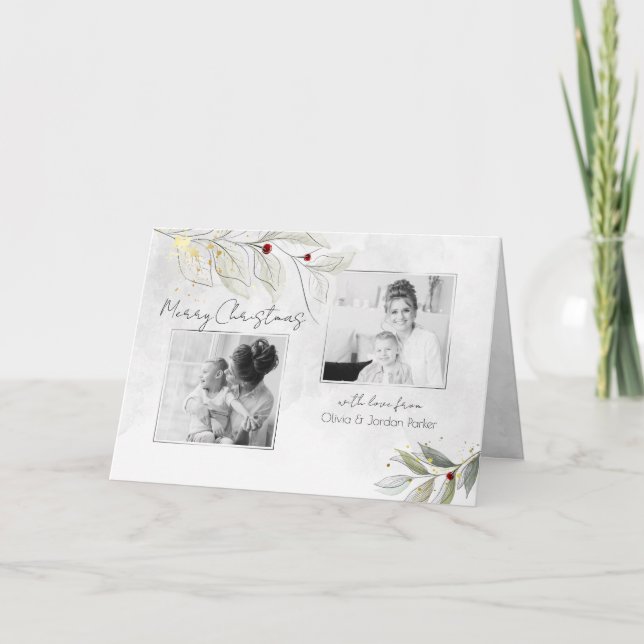 Elegant Modern Silver Christmas Floral 2-Photo Holiday Card (Front)