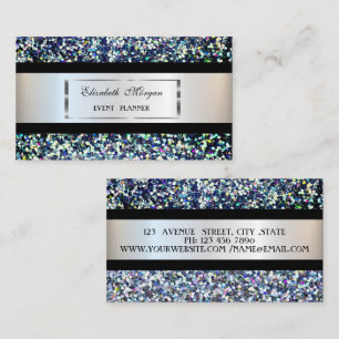 Elegant Modern,Silver Frame,Black Stripe,Sequins Business Card