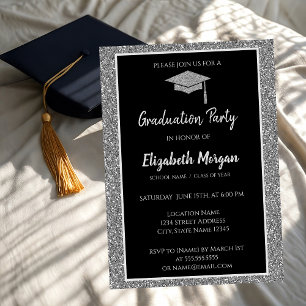 Elegant Modern Silver Glitter Graduation Cap Invitation