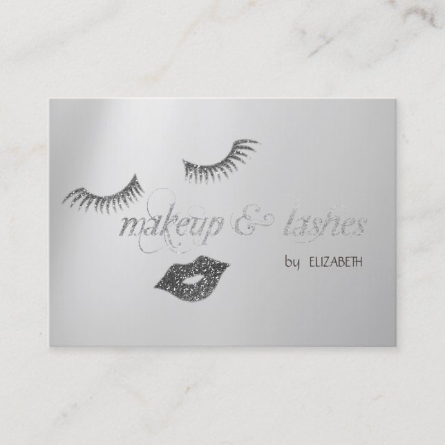 Elegant  Modern Silver Glitter Lips,Lashes,Makeup Business Card (Front)