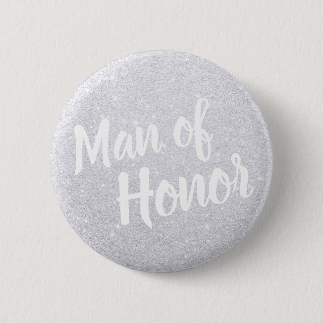 Elegant modern silver glitter man of honour weddin 2 inch round button (Front)