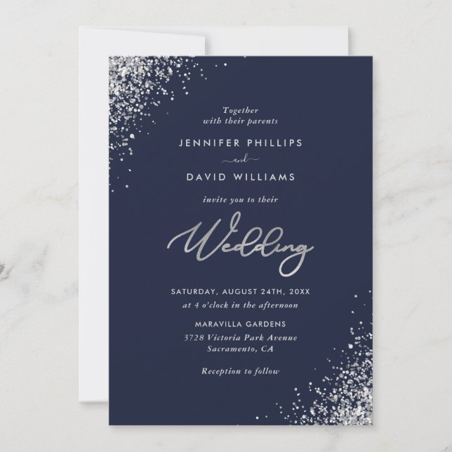 Elegant Modern Silver Glitter Navy Blue Wedding Invitation (Front)