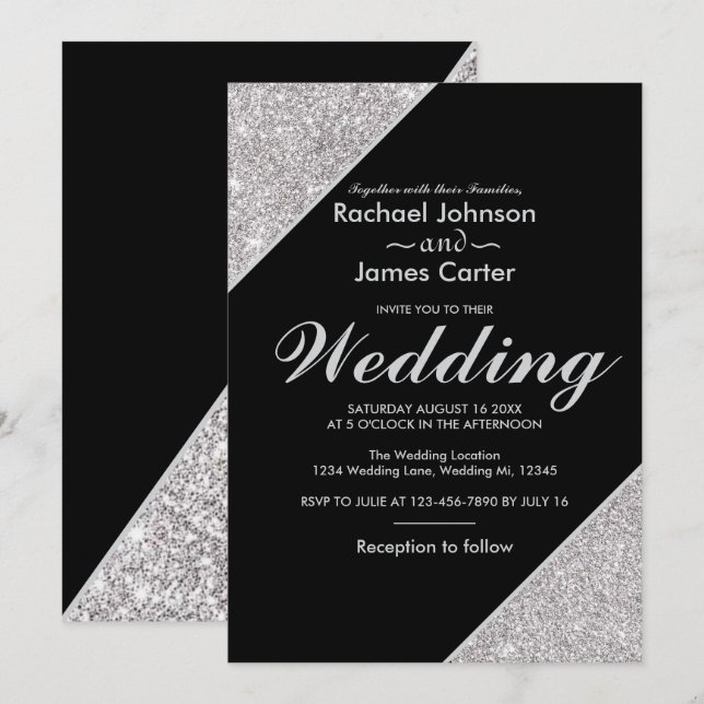 Elegant modern silver glitter on black invitation (Front/Back)