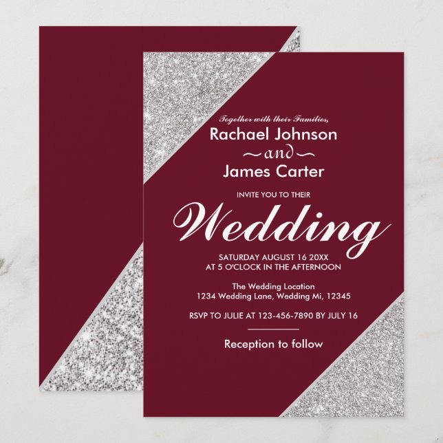 Elegant modern silver glitter on Burgundy Invitation (Front/Back)