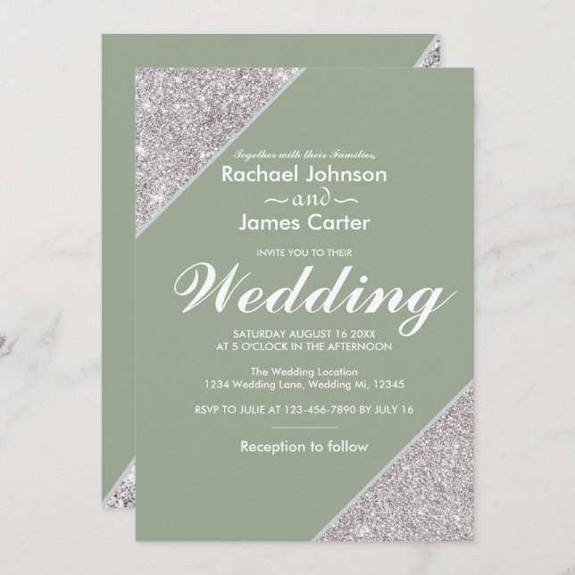 Elegant modern silver glitter on sage green invitation (Front/Back)
