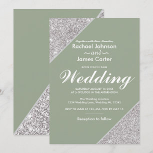 Elegant modern silver glitter on sage green invitation