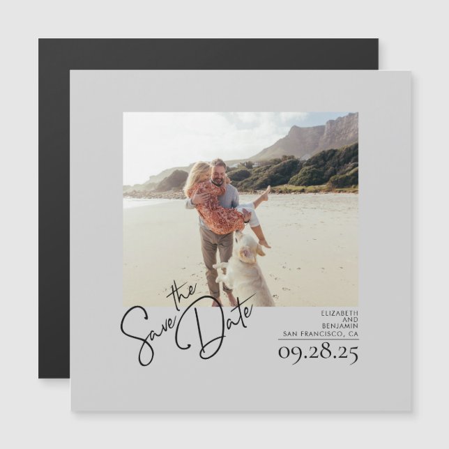 Elegant Modern Silver Grey Save the Date Photo Magnetic Invitation (Front/Back)