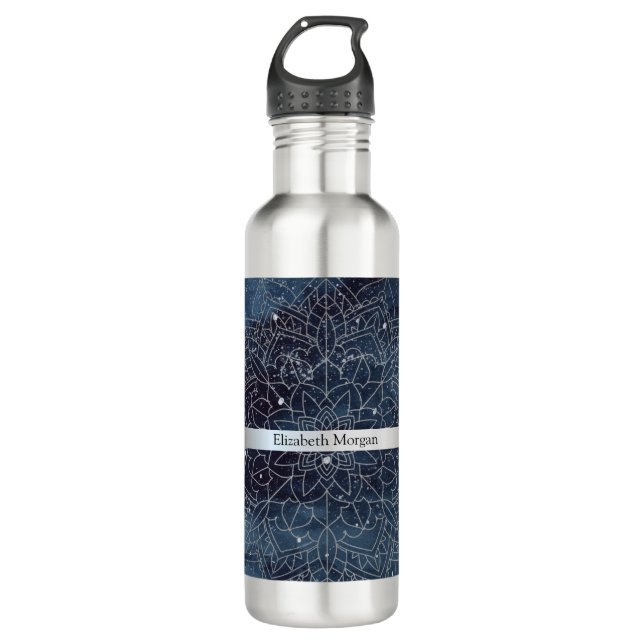 Elegant Modern Silver Mandala Stripe Navy Blue 710 Ml Water Bottle (Front)