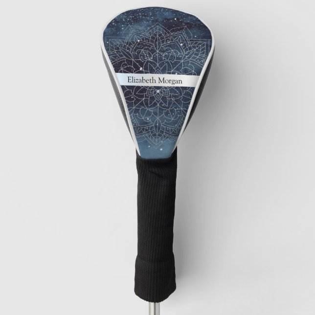 Elegant Modern Silver Mandala Stripe Navy Blue Golf Head Cover (Front)