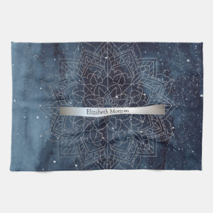 Elegant Modern Silver Mandala Stripe Navy Blue Kitchen Towel