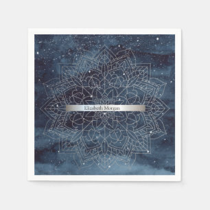Elegant Modern Silver Mandala Stripe Navy Blue Napkin