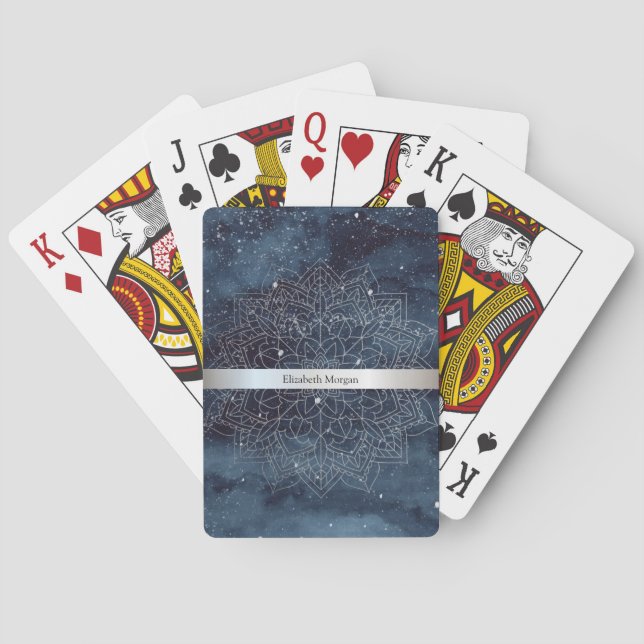 Elegant Modern Silver Mandala Stripe Navy Blue Playing Cards (Back)