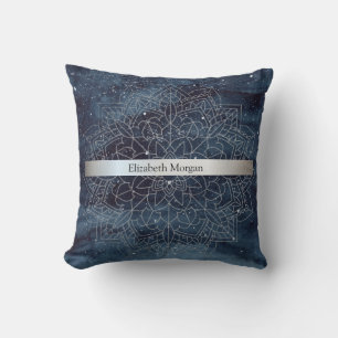 Elegant Modern Silver Mandala Stripe Navy Blue Throw Pillow