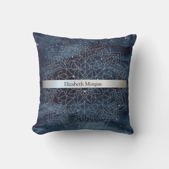 Elegant Modern Silver Mandala Stripe Navy Blue Throw Pillow (Front)