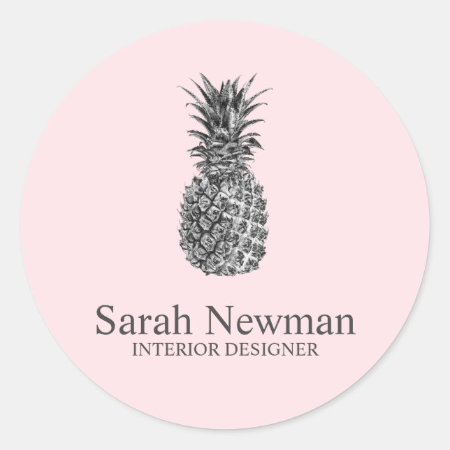 Elegant modern silver pineapple pink classic round sticker (Front)