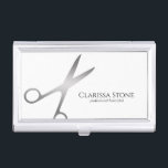 Elegant modern silver scissors hairstylist business card holder<br><div class="desc">Modern and elegant design for hairstylists with faux silver scissors and elegant calligraphy font.</div>