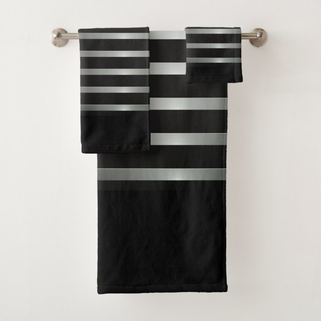 Elegant Modern Silver Stripes on Black Bath Towel Set (Insitu)