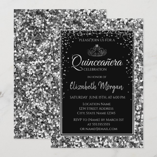 Elegant Modern Silver Tiara,Sequins Quinceanera Invitation (Front/Back)