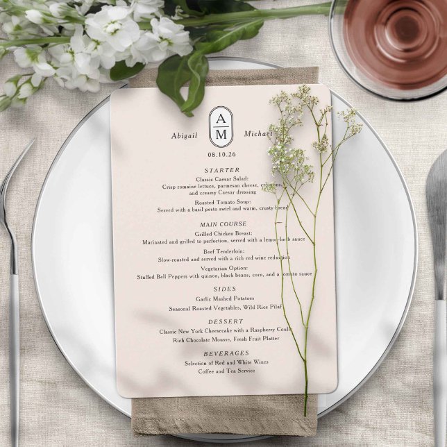 Elegant modern simple beige, arch initials wedding menu (Creator Uploaded)