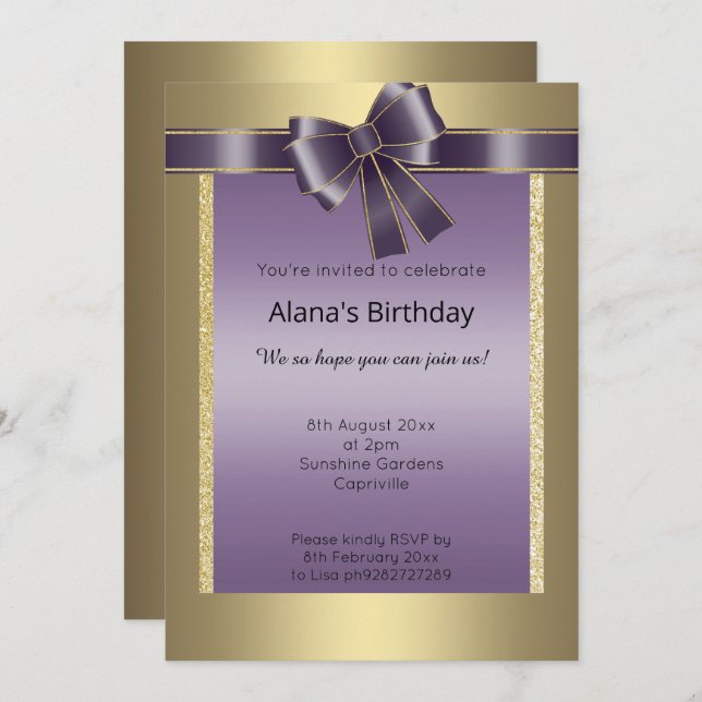 ELEGANT MODERN  SIMPLE GLITTER GOLD PURPLE BOW INVITATION (Front/Back)