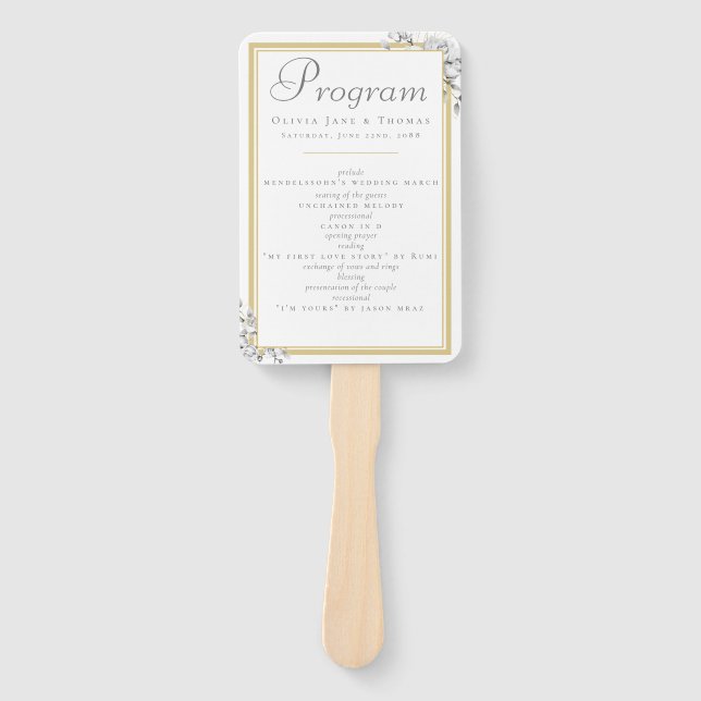 Elegant Modern Simple Gold Frame Wedding Program Hand Fan (Front)