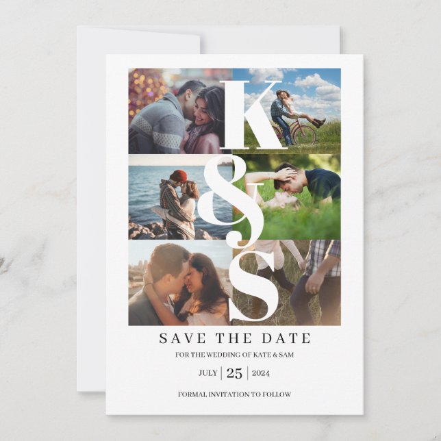 Elegant Modern Simple Photo Collage Name Initials  Save The Date (Front)