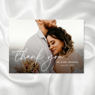 Elegant Modern Simple Script Two Photo Wedding Thank You Card
