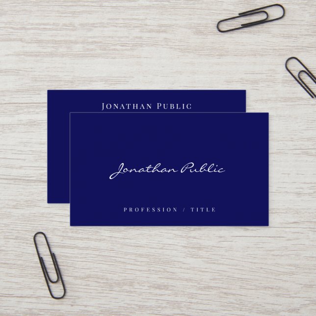 Elegant Modern Simple Template Script Navy Blue Business Card (Front/Back In Situ)