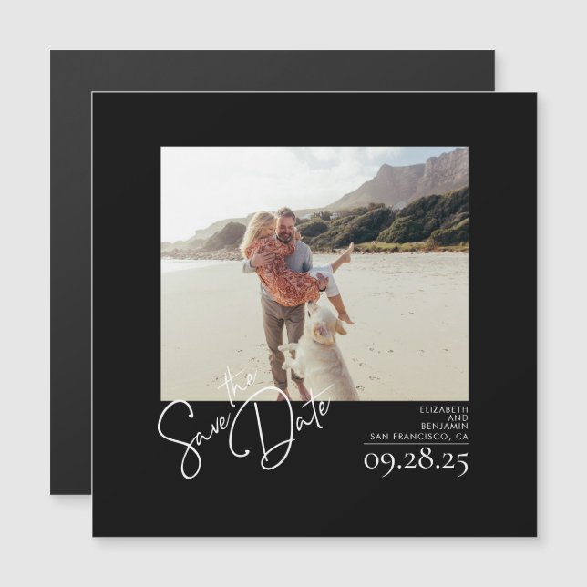 Elegant Modern Solid Black Save the Date Photo Magnetic Invitation (Front/Back)