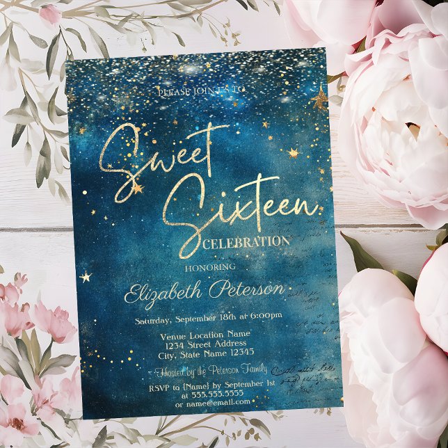 Elegant Modern Stars Blue Sweet 16 Invitation (Creator Uploaded)