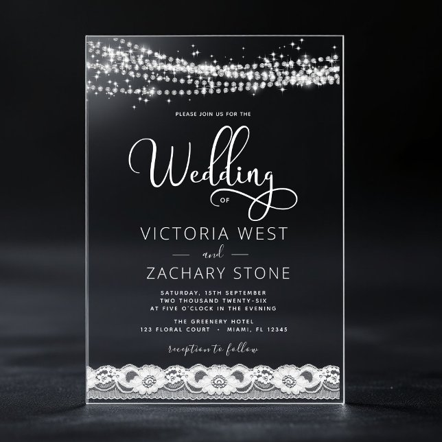 Elegant Modern String Lights Lace Wedding Acrylic Invitations (Creator Uploaded)