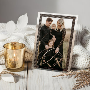 Elegant Modern Strip Frame Full Photo Joy Script  Foil Holiday Card