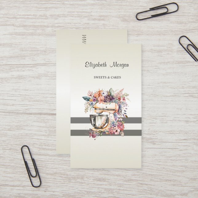 Elegant Modern,Striped,Pastry Floral Mixer Business Card (Front/Back In Situ)