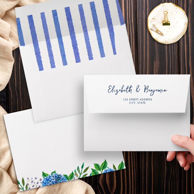 Elegant Modern Stripes Blue Hydrangeas Wedding Envelope (Creator Uploaded)