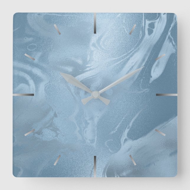 Elegant modern stylish baby blue marble look square wall clock (Front)
