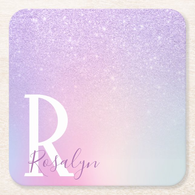 Elegant modern stylish girly ombre purple glitter square paper coaster (Front)