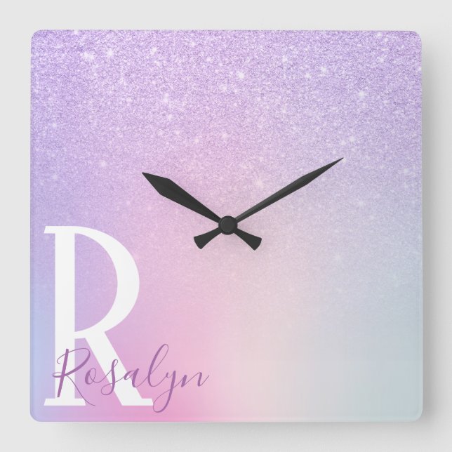 Elegant modern stylish girly ombre purple glitter square wall clock (Front)