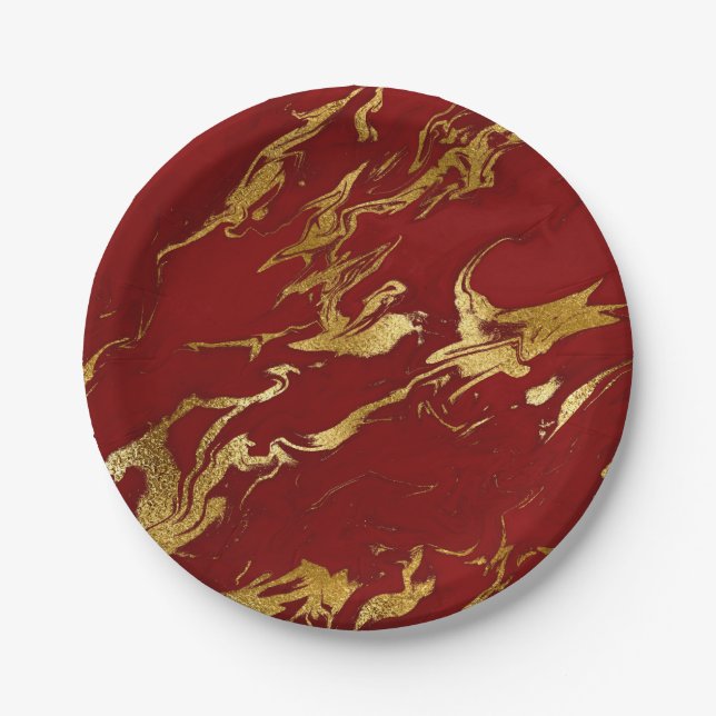 Elegant modern stylish gold & red marble look paper plate (Front)