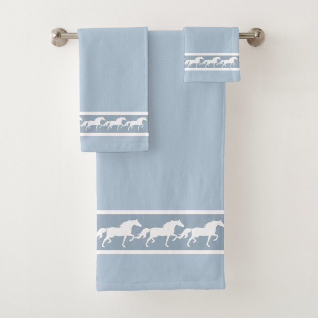 Elegant, Modern, Stylish Horses on Wondrous Blue Bath Towel Set (Insitu)