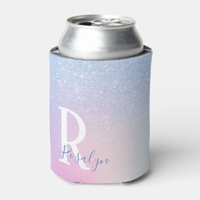 Elegant modern stylish ombre blue glitter rainbow can cooler (Can Front)