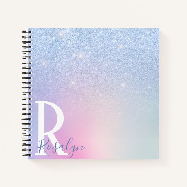 Elegant modern stylish ombre blue glitter rainbow notebook (Front)