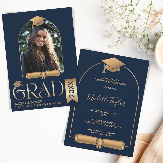 Elegant Modern Stylish Photo Gold Graduation Hat Invitation (Creator Uploaded)