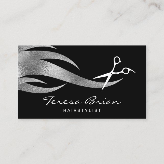 Elegant modern stylish silver scissors hairstylist business card (Front)