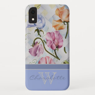 Elegant Modern Sweet Peas w Blue Monogram Name iPhone XR Case