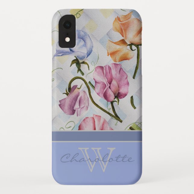 Elegant Modern Sweet Peas w Blue Monogram Name Case-Mate iPhone Case (Back)