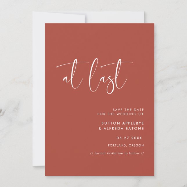 Elegant & modern terracotta At last Save The Date (Front)