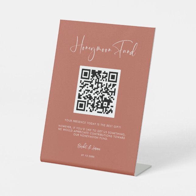 Elegant & modern terracotta Honeymoon fund QR code Pedestal Sign (Front)