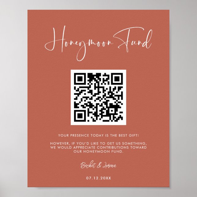Elegant & modern terracotta Honeymoon fund QR code Poster (Front)