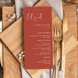 Elegant & modern terracotta Let's eat wedding Menu<br><div class="desc">Let's eat! Wedding or reception party menu.  A modern typography and a trendy terracotta colour for your wedding stationery: choose this simple and elegant wedding suite. Fully customizable: you can change the background as well as the text colour as you like.</div>