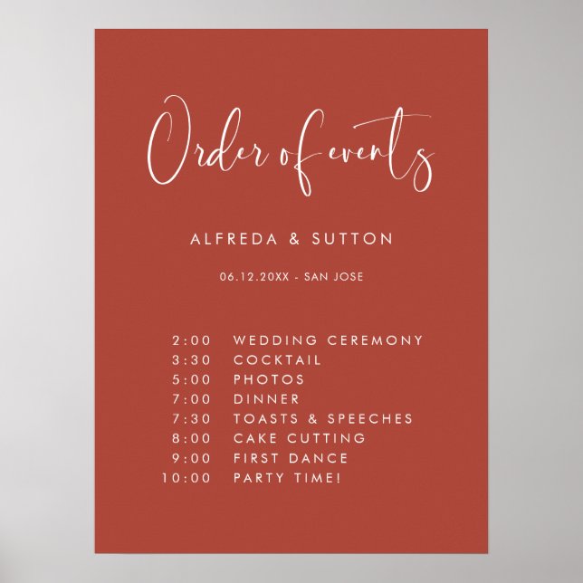 Elegant Modern Terracotta wedding Order of events Poster (Front)